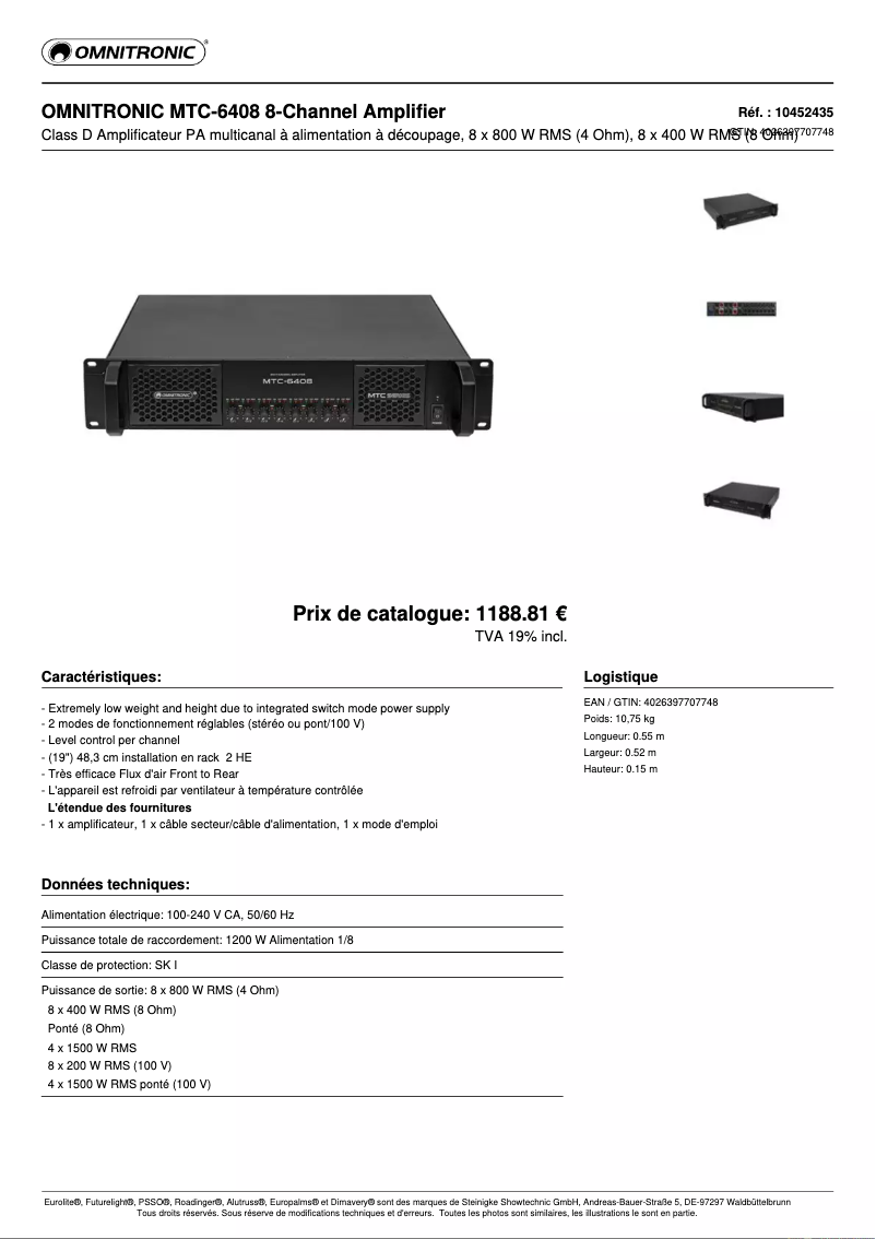 Page n°1 - Fiche technique Omnitronic MTC-6408