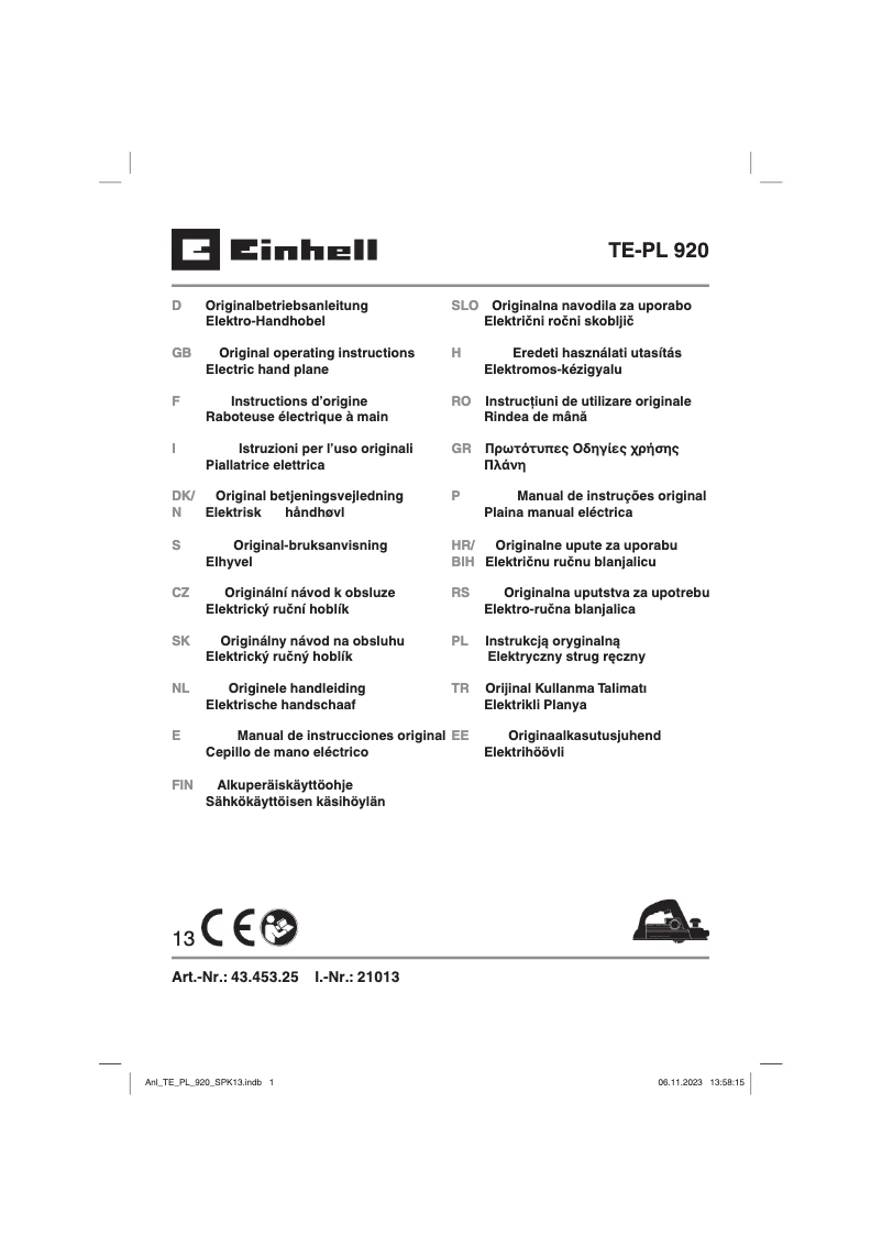 Page n°1 - Manuel utilisateur Einhell TE-PL 920