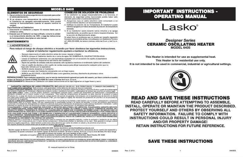 Page 1 de la notice Manuel utilisateur Lasko Oscillating Ceramic 6405