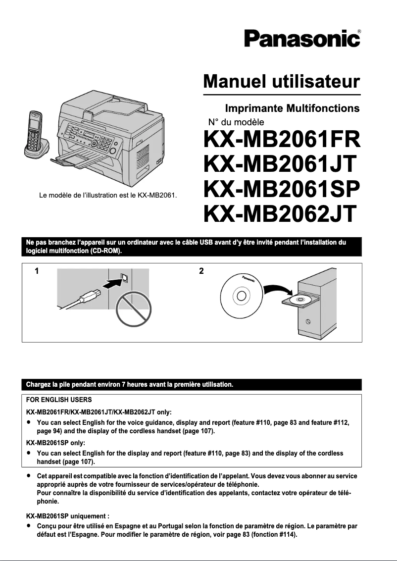 Page 1 de la notice Manuel utilisateur Panasonic KX-MB2061JT