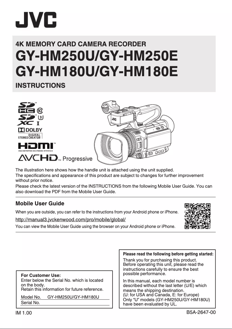 Imagen de la primera página del manual del dispositivo GY-HM250U
