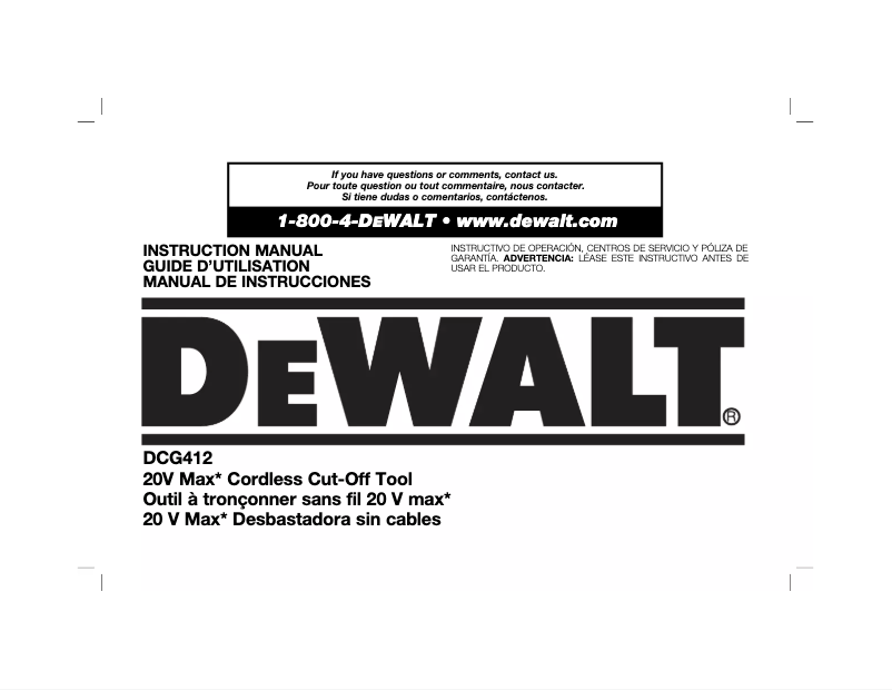 Page 1 de la notice Manuel utilisateur DeWalt DCG412L2