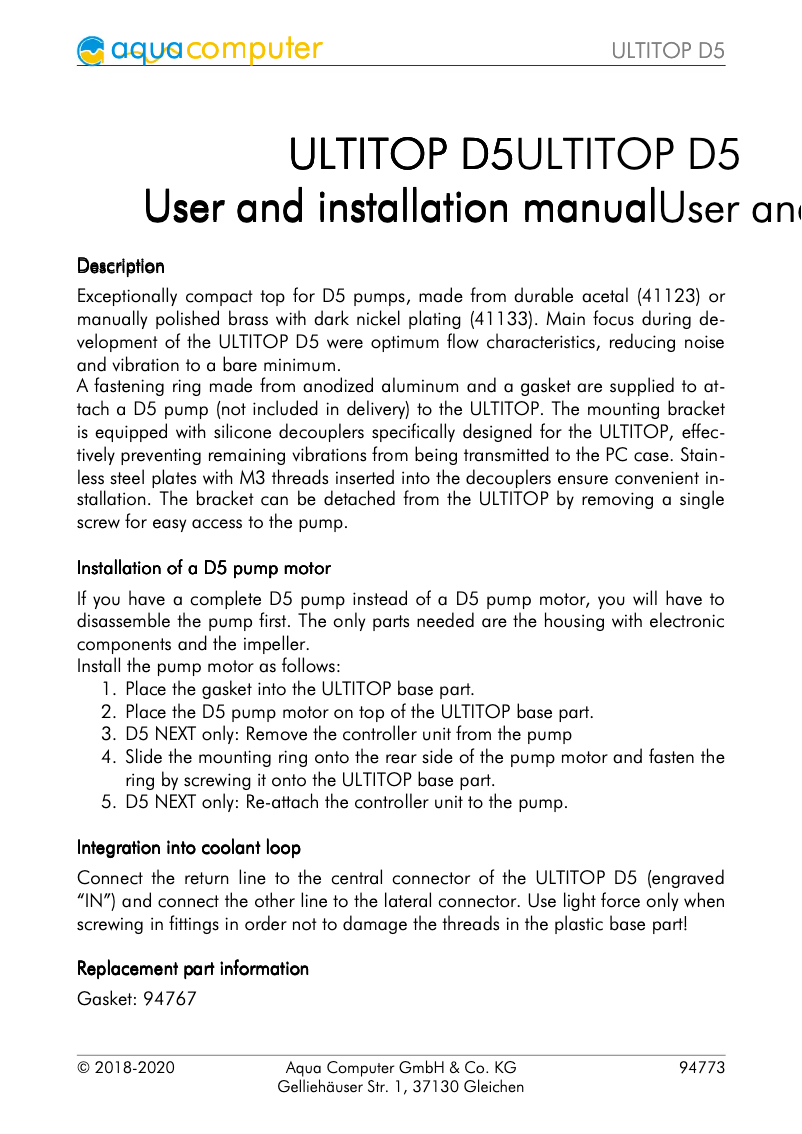 Page n°1 - Manuel utilisateur Aqua Computer ULTITOP D5