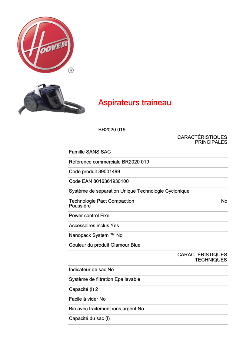 Page n°1 - Fiche technique Hoover BR2020 019