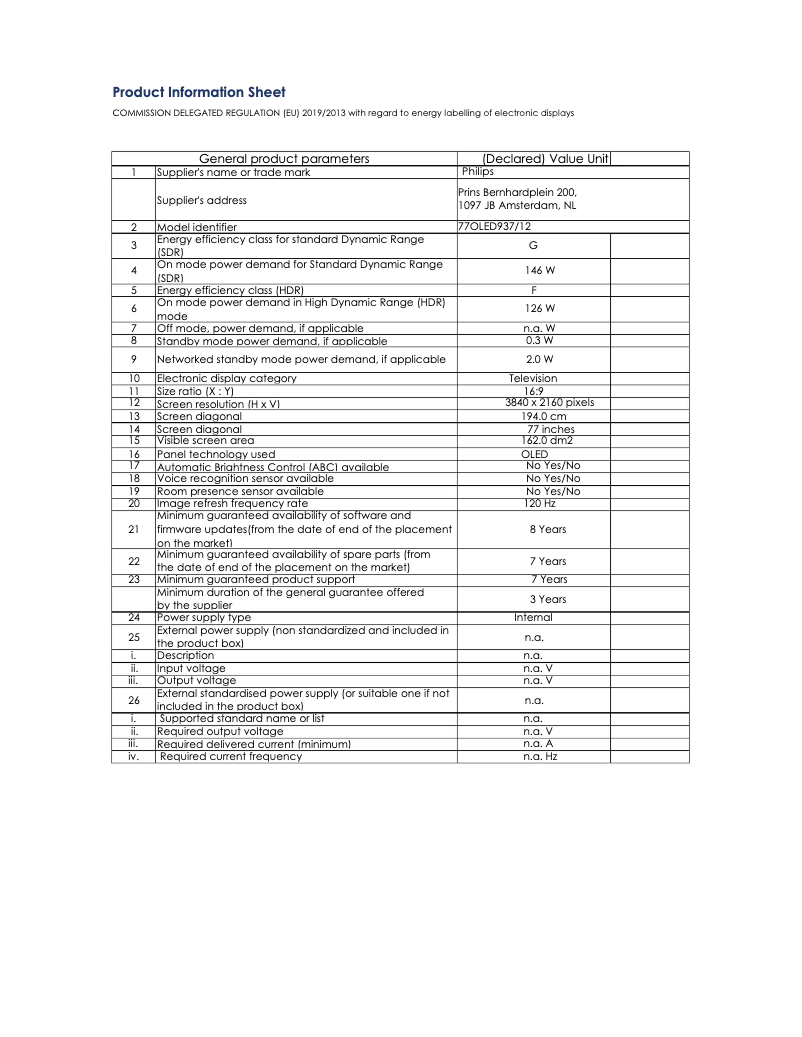 Page 1 de la notice Fiche technique Philips 77OLED937