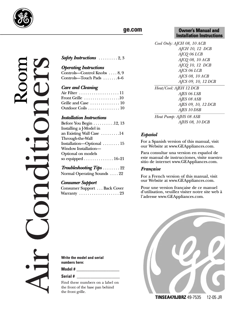 Page n°1 - Manuel d'utilisation et d'entretien GE AJCS10AZA