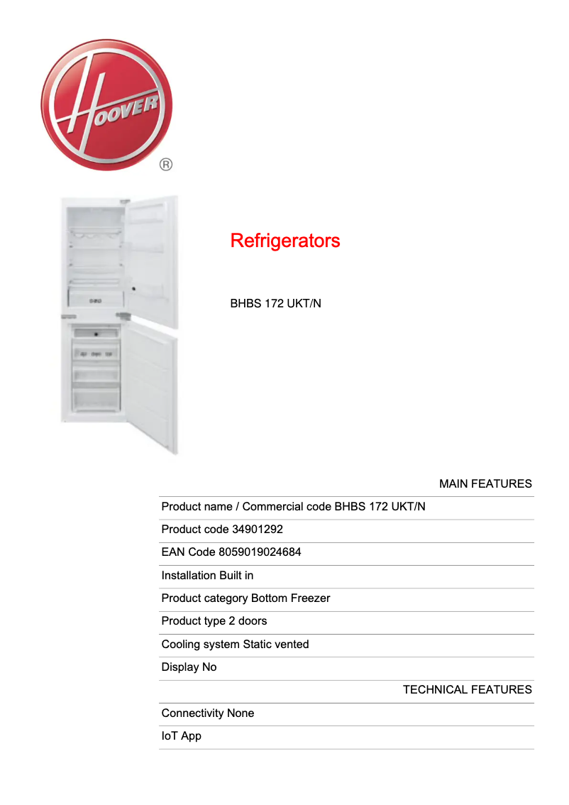 Page n°1 - Fiche technique Hoover BHBS 172 UKT/N