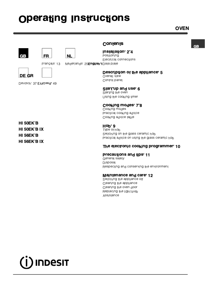 Page n°1 - Manuel utilisateur Indesit HI 50 EK.B (WH)
