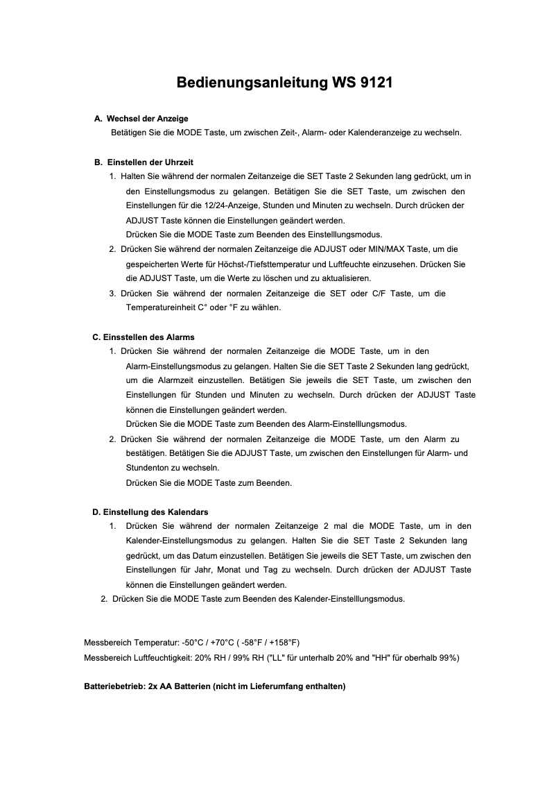 Page 1 de la notice Manuel utilisateur Techno Line WS 9121