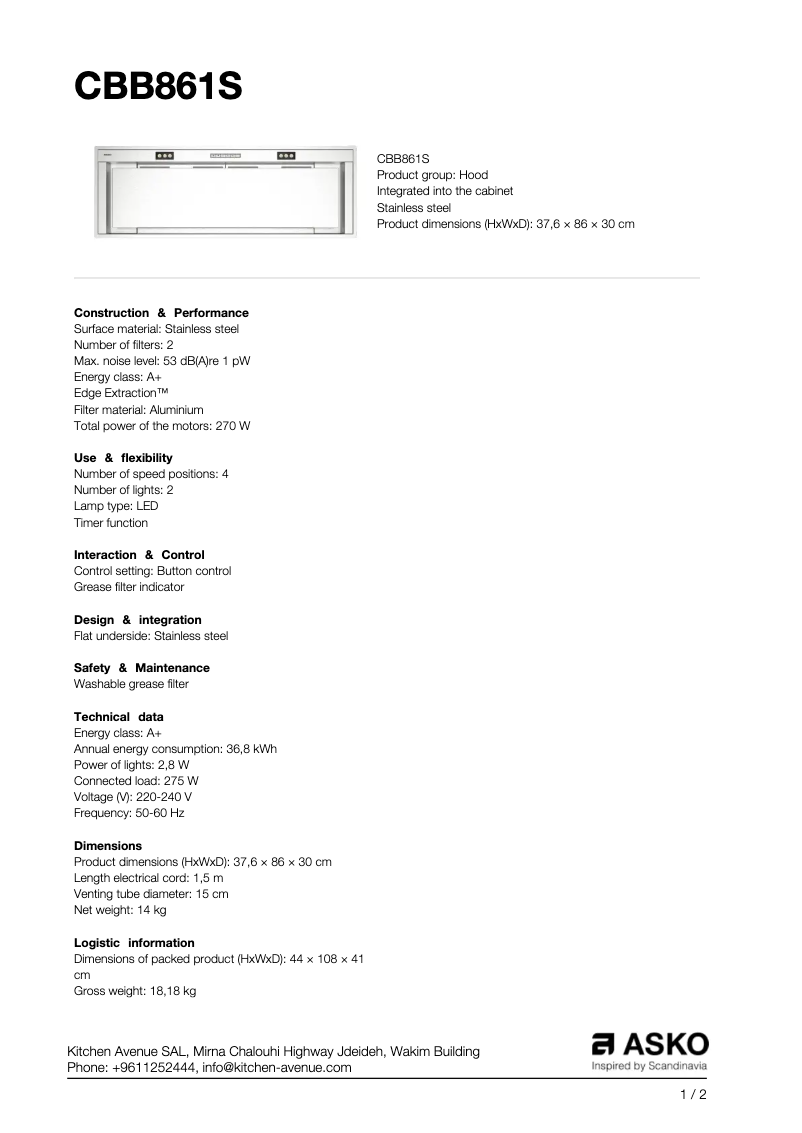 Page 1 de la notice Fiche technique Asko CBB861S