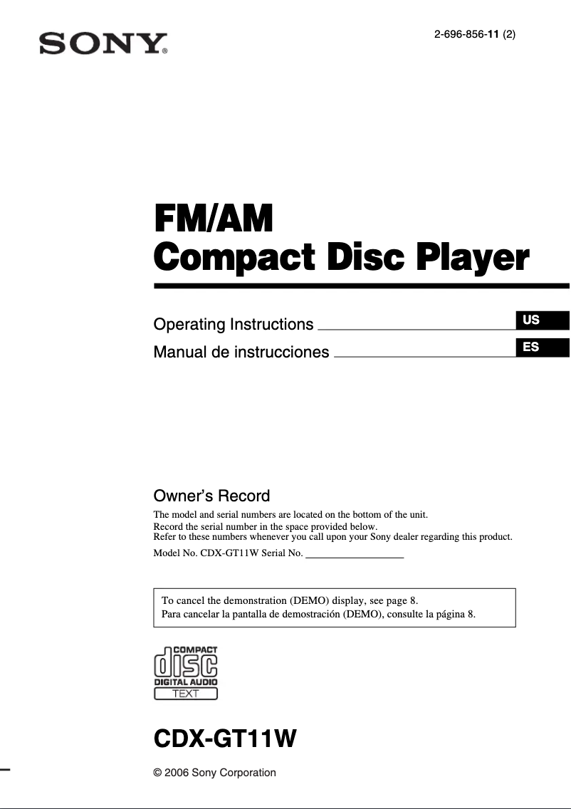 Page 1 de la notice Manuel utilisateur Sony CDX-GT11W