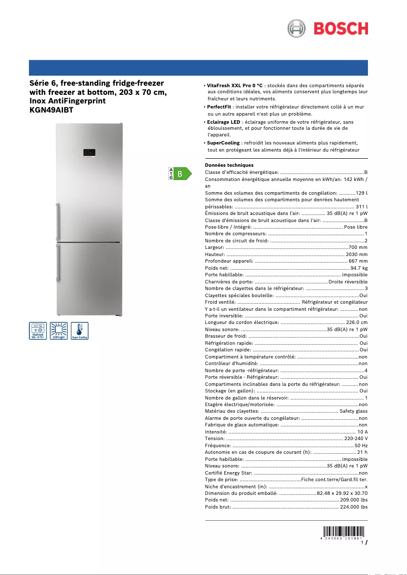 Página 1 del manual Ficha técnica Bosch KGN49AIBT