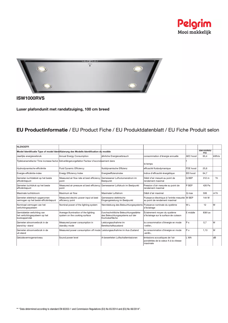 Page 1 de la notice Fiche technique Pelgrim ISW1000RVS