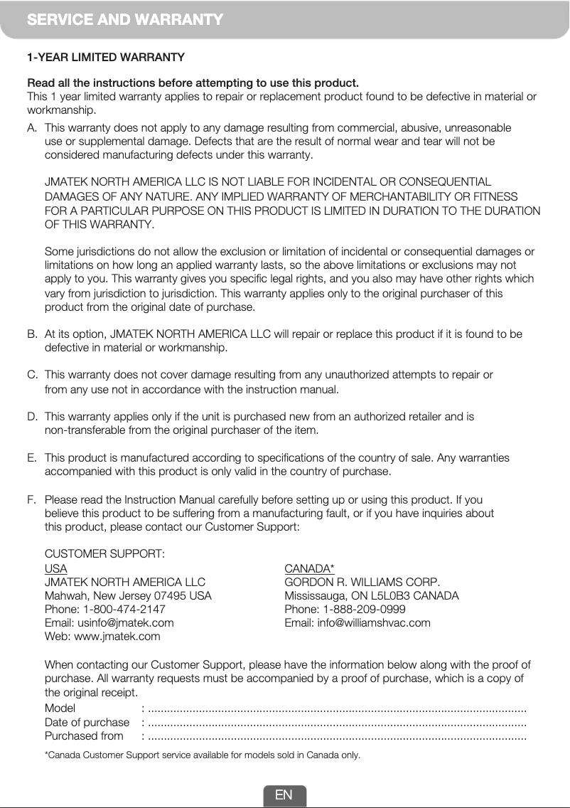 Page n°1 - Informations de garantie Honeywell CO610PM