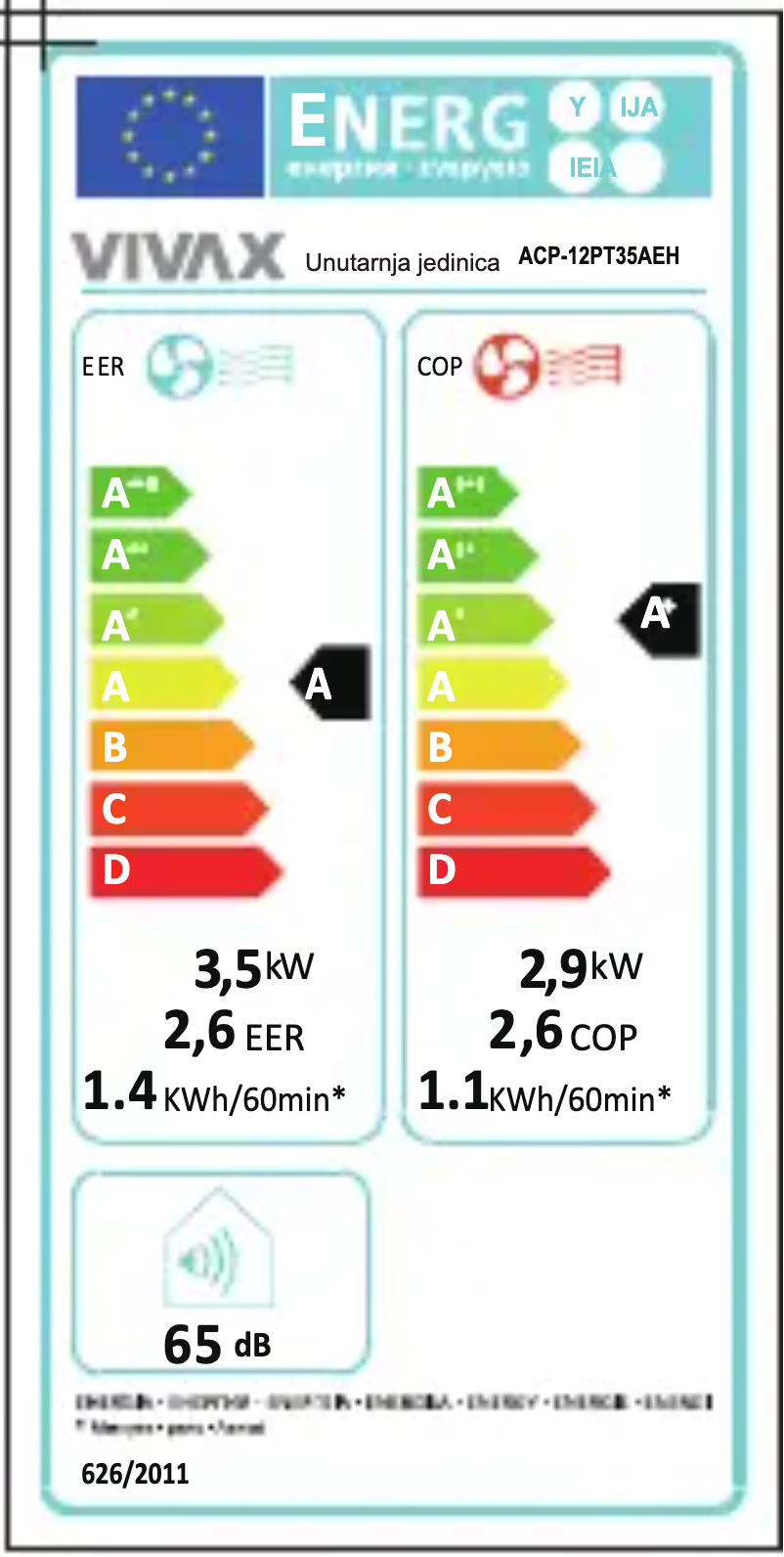 Page 1 de la notice Label énergétique Vivax ACP-12CH35AEH