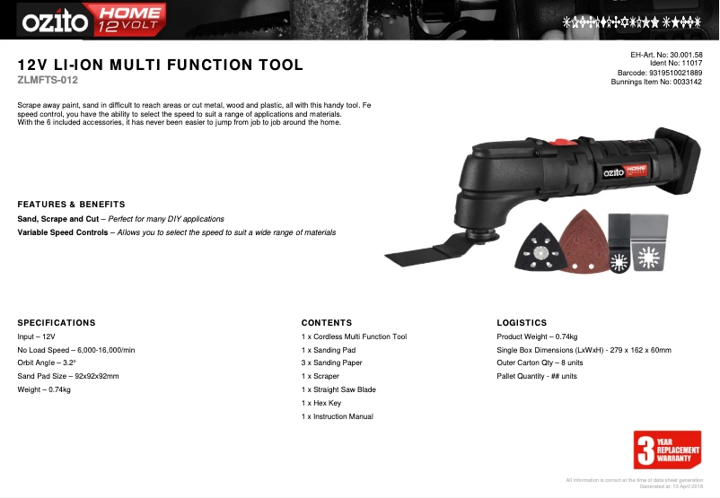 Página 1 del manual Ficha técnica Ozito ZLMFTS-012