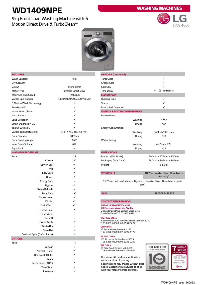 Page 1 de la notice Fiche technique LG WD1409NPE