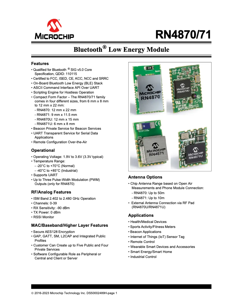 Page 1 de la notice Fiche technique Microchip RN4871
