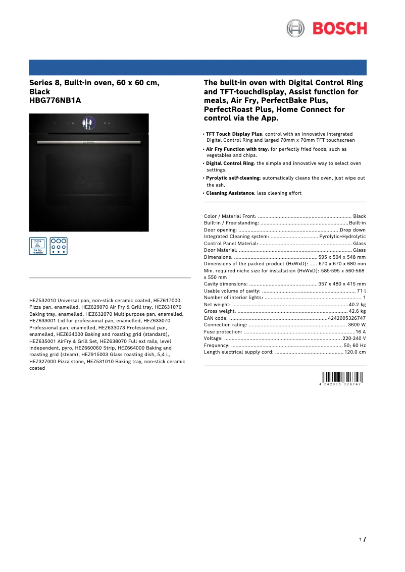 Page 1 de la notice Fiche technique Bosch HBG776NB1A