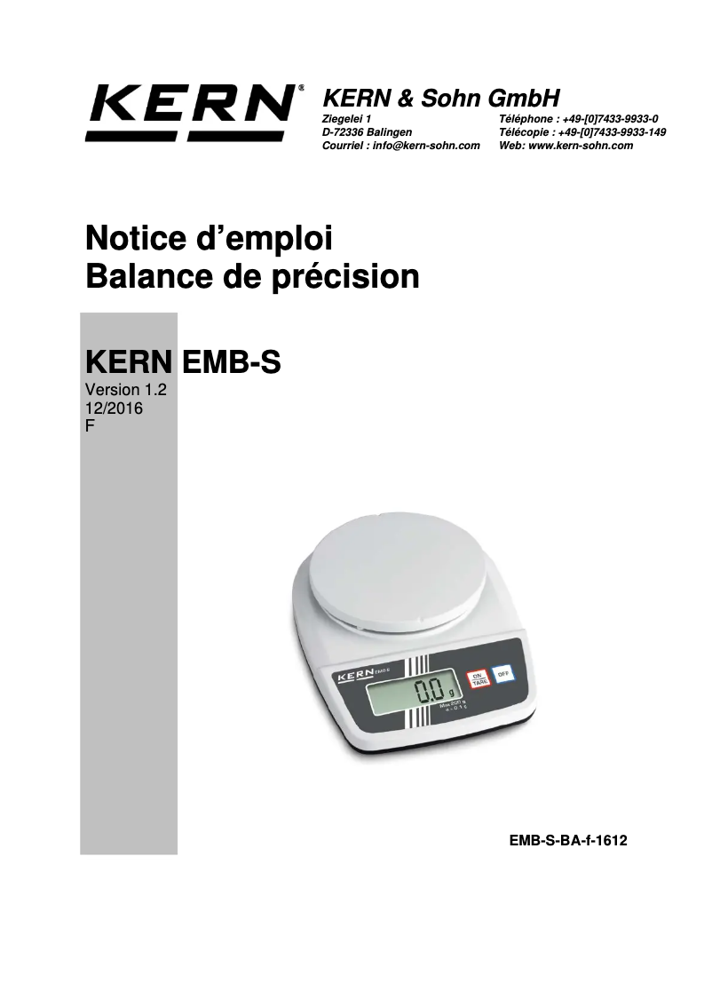 Page 1 de la notice Manuel utilisateur Kern EMB 500-1SS05