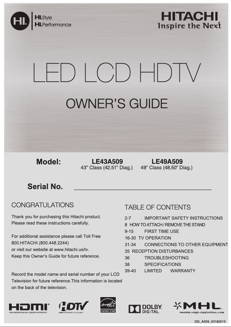 Page 1 de la notice Manuel utilisateur Hitachi LE43A509