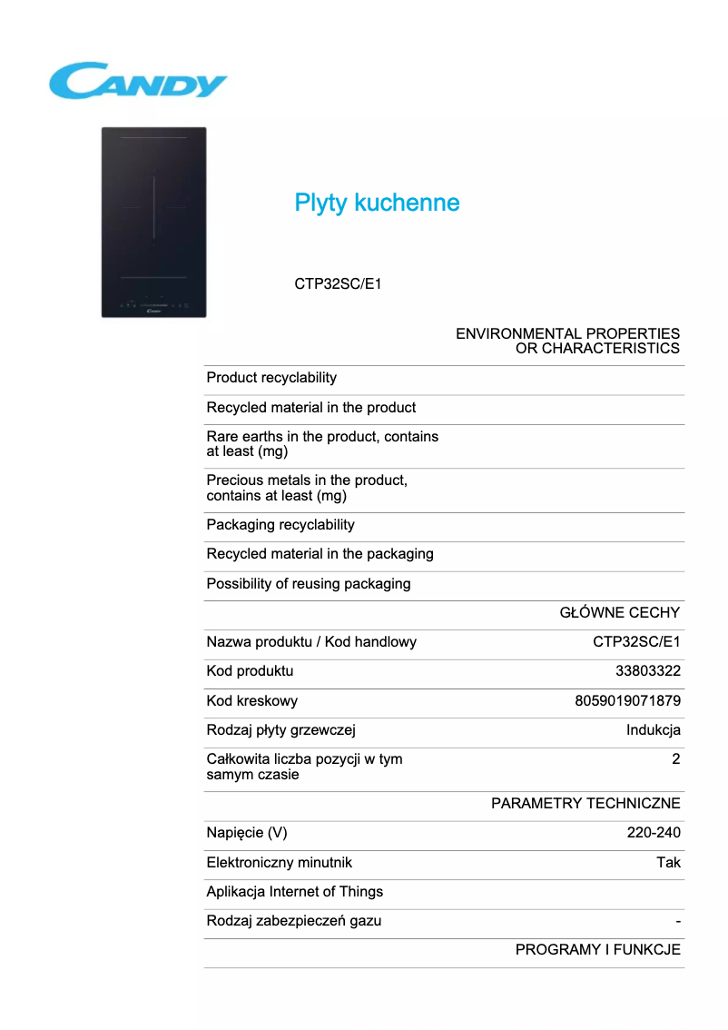 Page 1 de la notice Fiche technique Candy CTP32SC