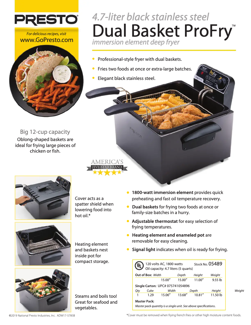 Page 1 de la notice Fiche technique Presto ProFry 05489