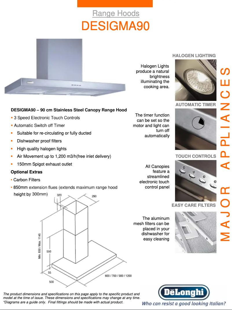 Page 1 de la notice Fiche technique DeLonghi DESIGMA90