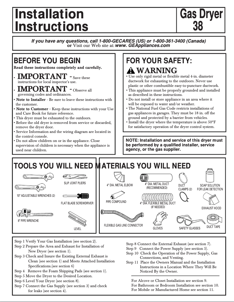 Page n°1 - Guide d'installation GE EGD3000BWW
