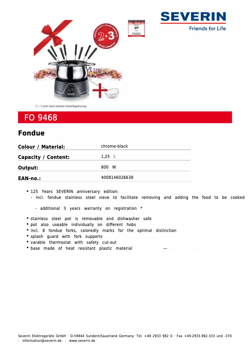 Page 1 de la notice Fiche technique Severin FO 9468