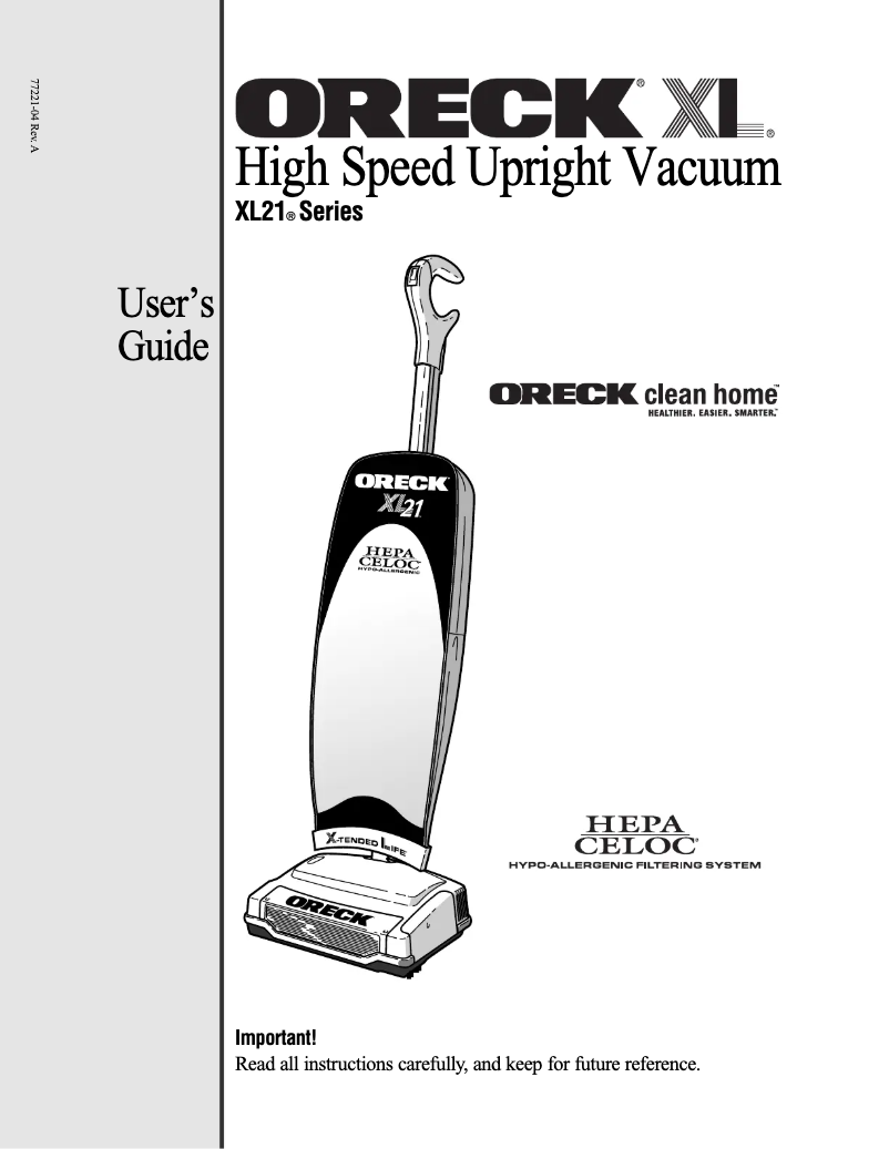 Page 1 de la notice Manuel utilisateur Oreck XL21700EC