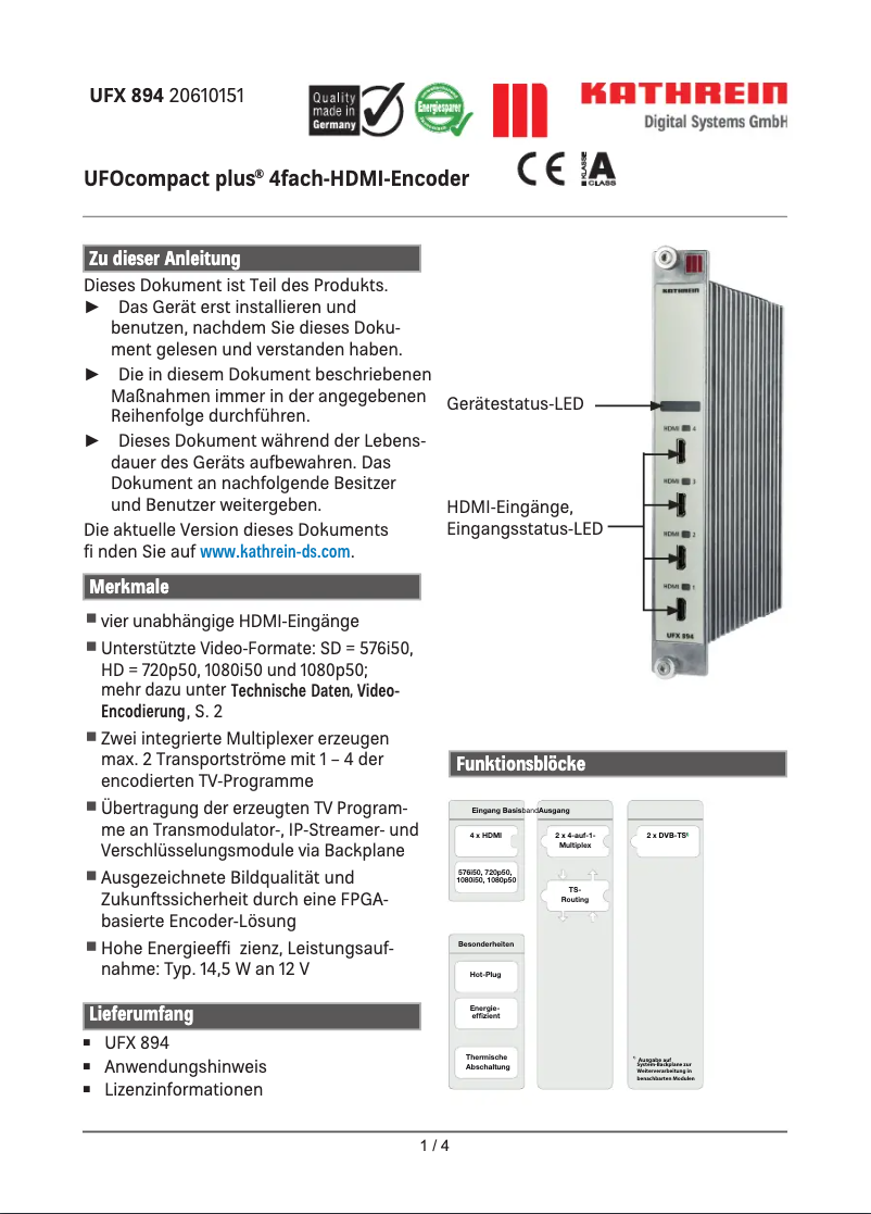 Page n°1 - Manuel utilisateur Kathrein UFX 894
