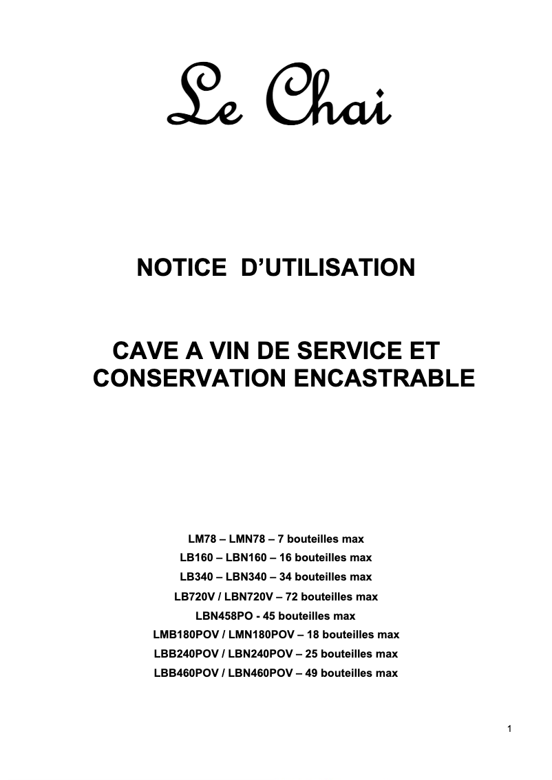 Page 1 de la notice Manuel utilisateur Le Chai LBN 460POV