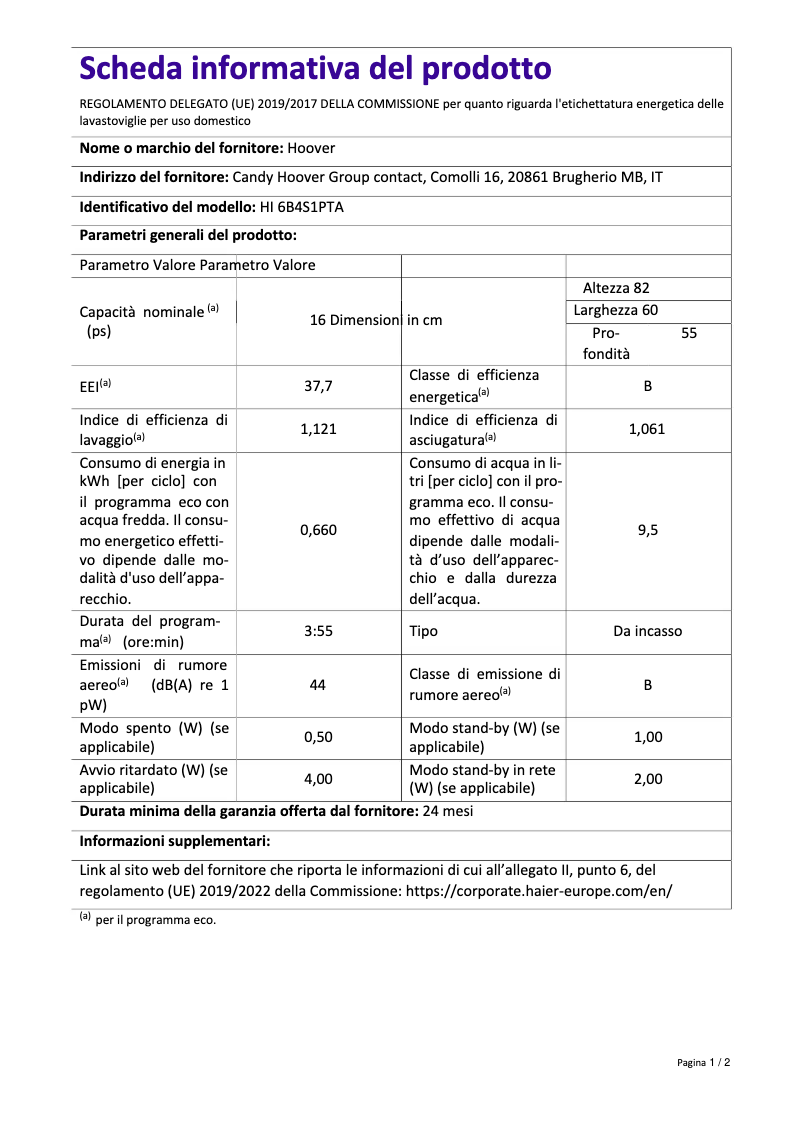 Page n°1 - Fiche technique Hoover HI 6B4S1PTA