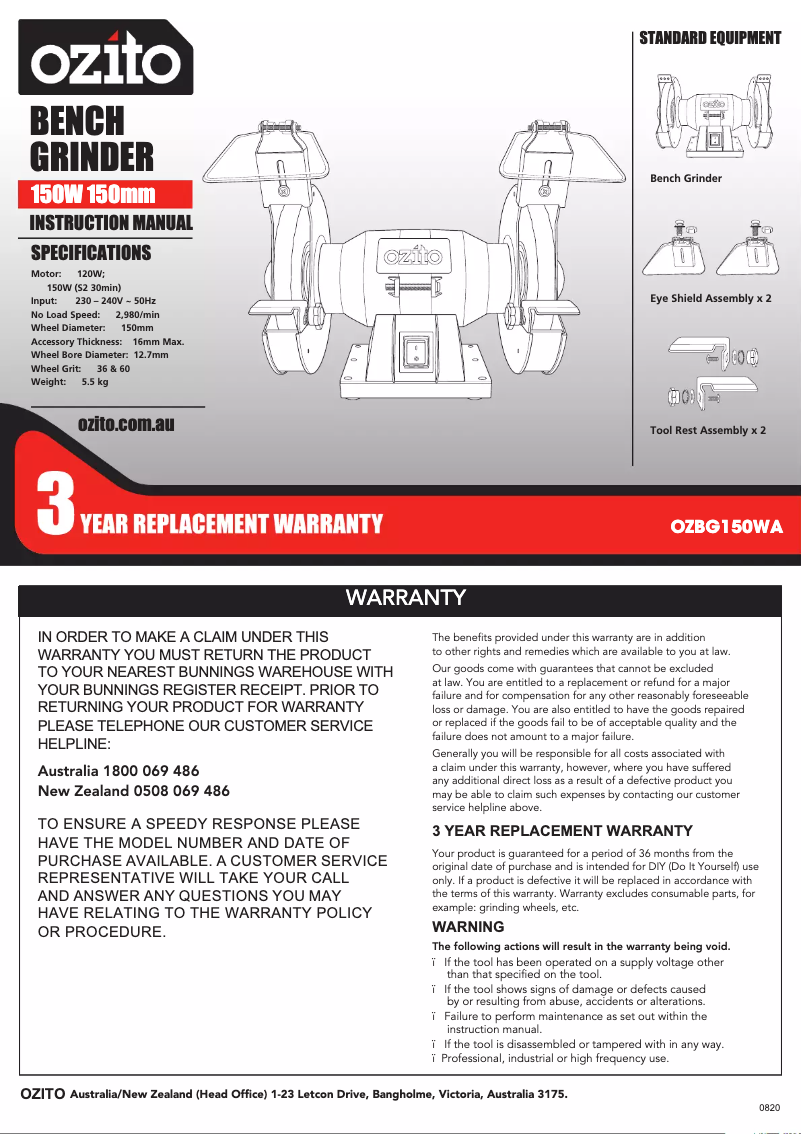 Page 1 de la notice Manuel utilisateur Ozito OZBG150WA