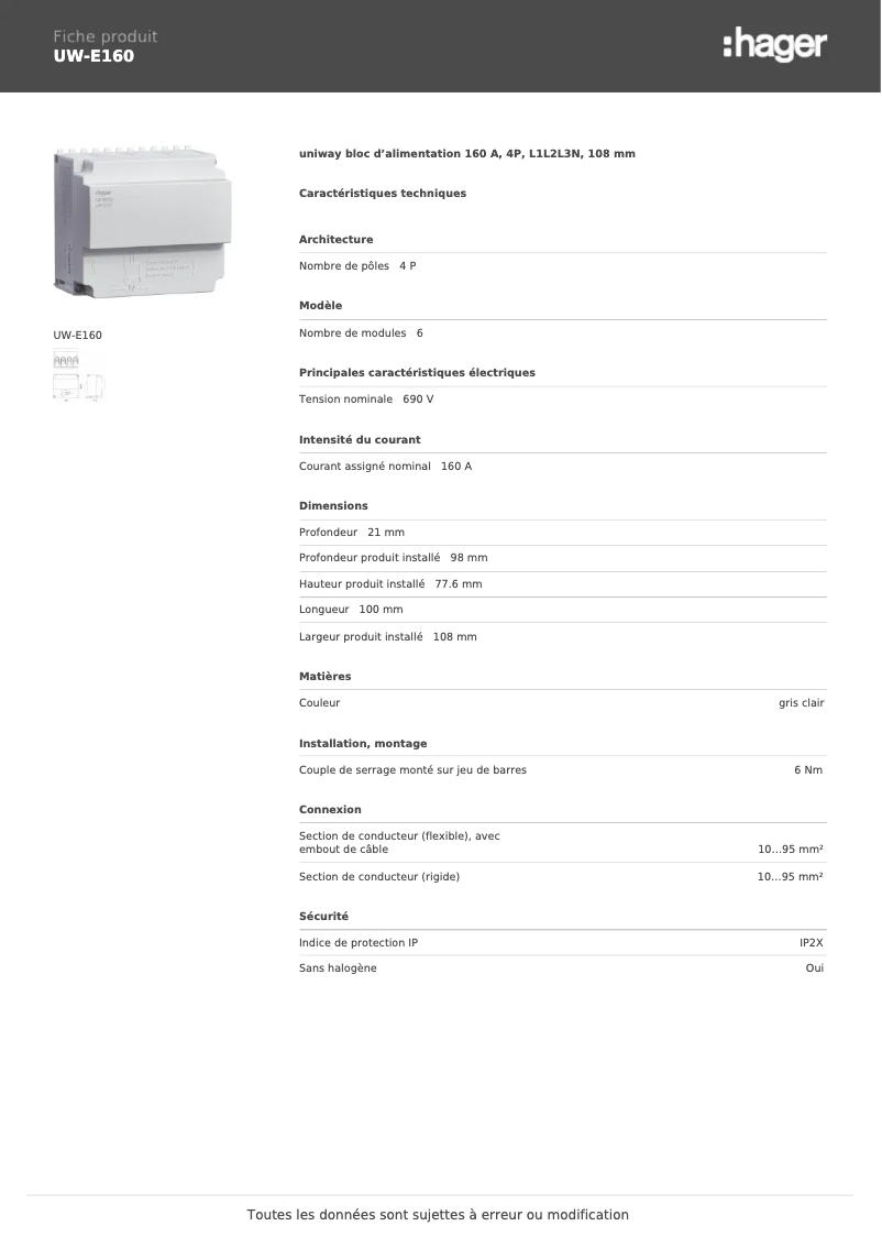 Page n°1 - Manuel utilisateur Hager UW-E160