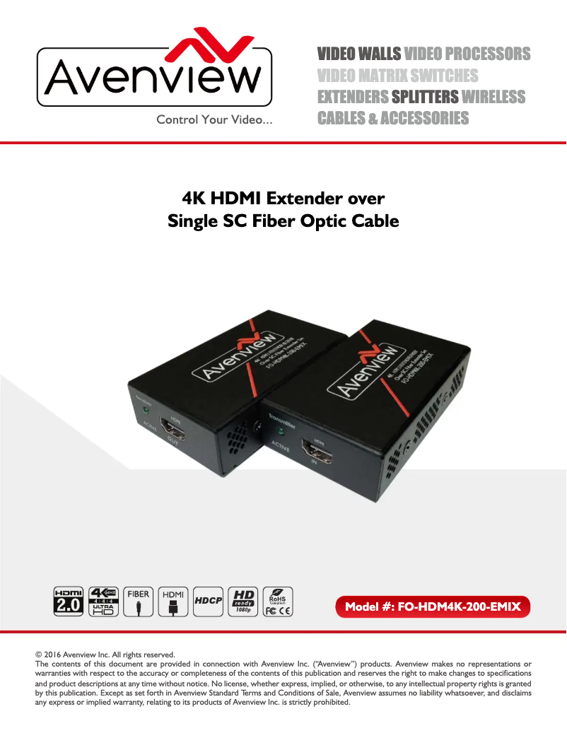 Page 1 de la notice Manuel utilisateur Avenview FO-HDM4K-200-EMIX