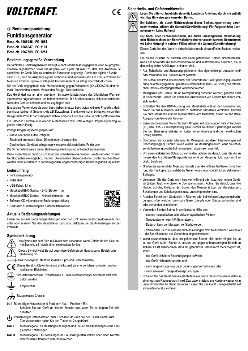 Page 1 de la notice Manuel utilisateur Voltcraft FG-1101
