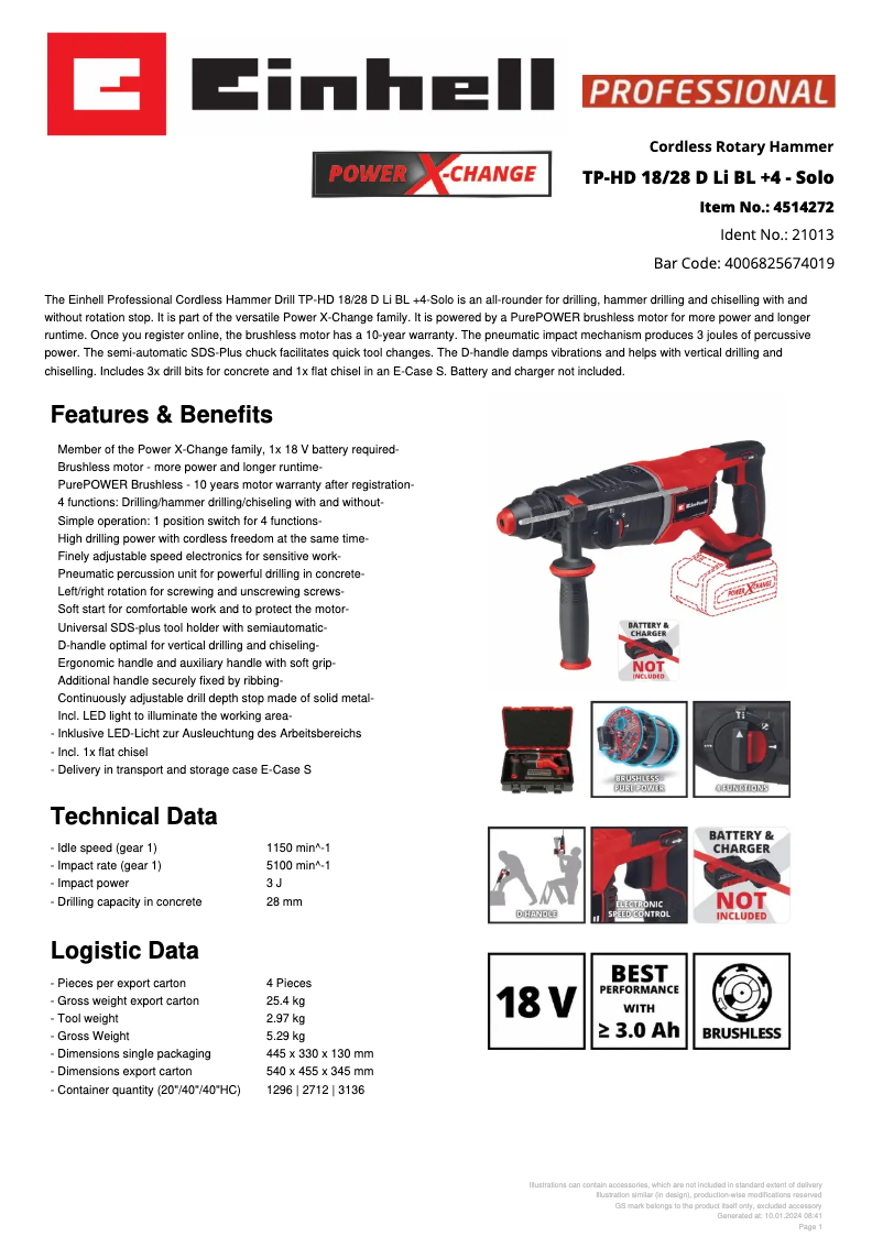 Page n°1 - Fiche technique Einhell TP-HD 18/28 D Li BL