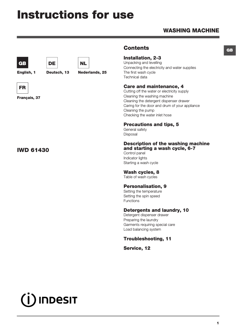 Image de la première page du manuel de l'appareil IWD 61430