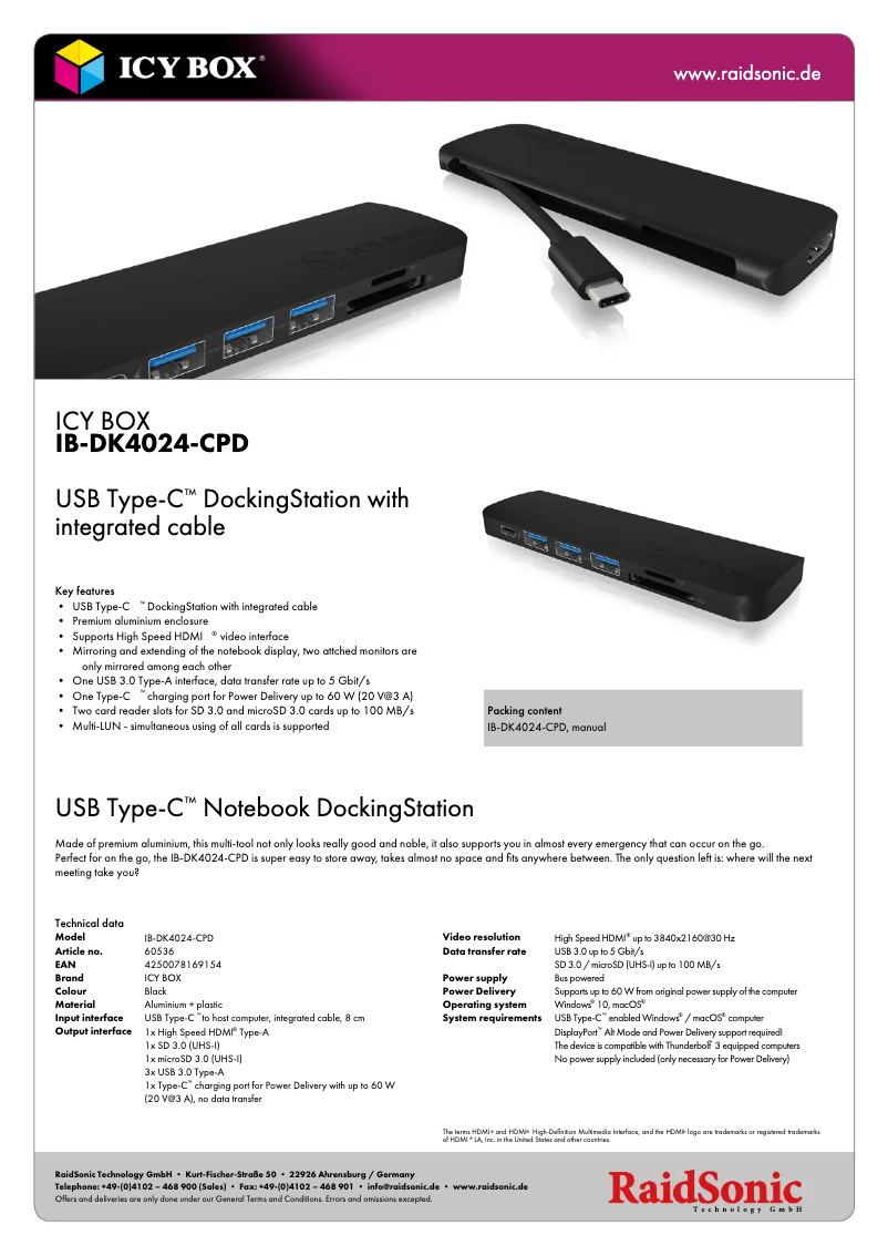 Page 1 de la notice Fiche technique Icy Box IB-DK4024-CPD