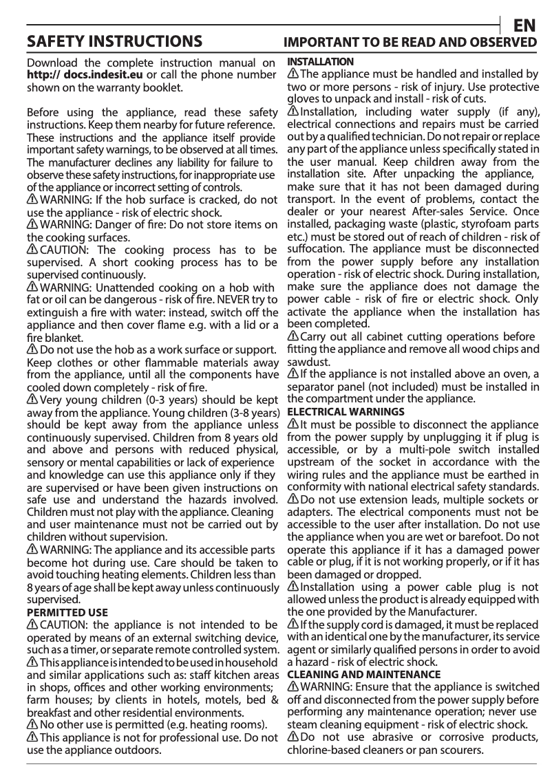 Page 1 de la notice Instructions / montage Indesit AAR 160 C