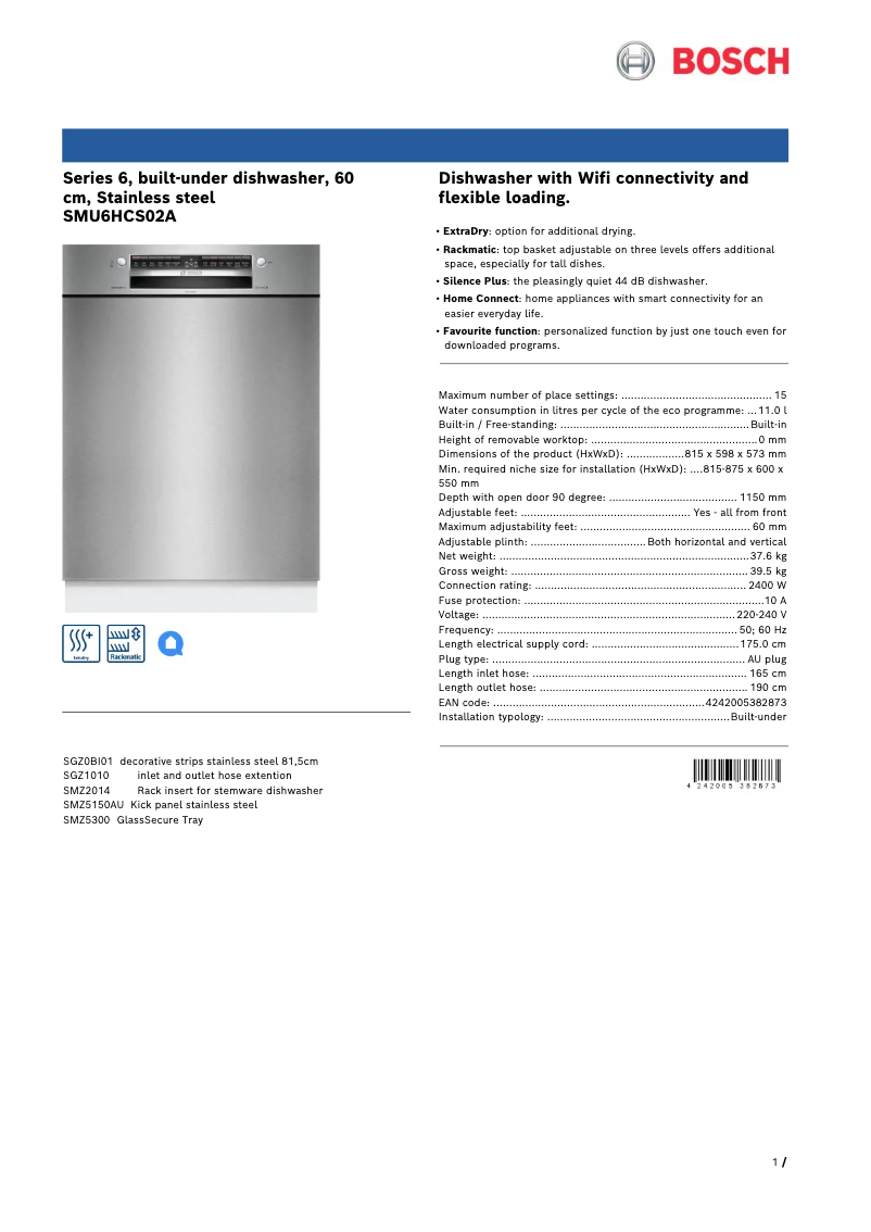 Page n°1 - Fiche technique Bosch SMU6HCS02A