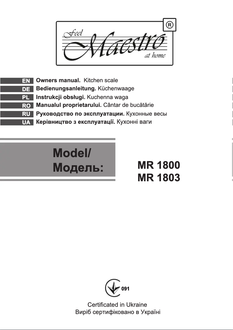 Page n°1 - Manuel utilisateur Maestro MR1803