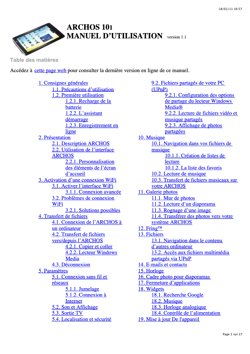 Page n°1 - Manuel utilisateur Archos Platinum 101