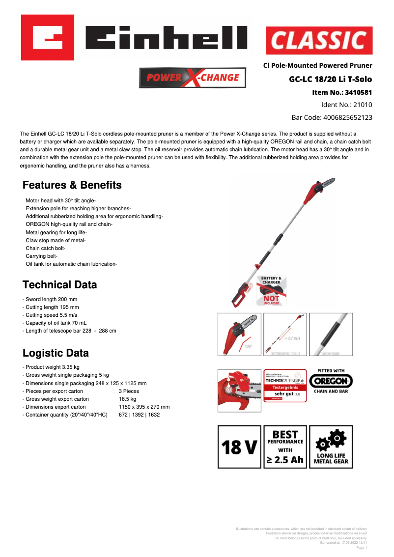 Page n°1 - Fiche technique Einhell GC-LC 18/20 Li T-Solo