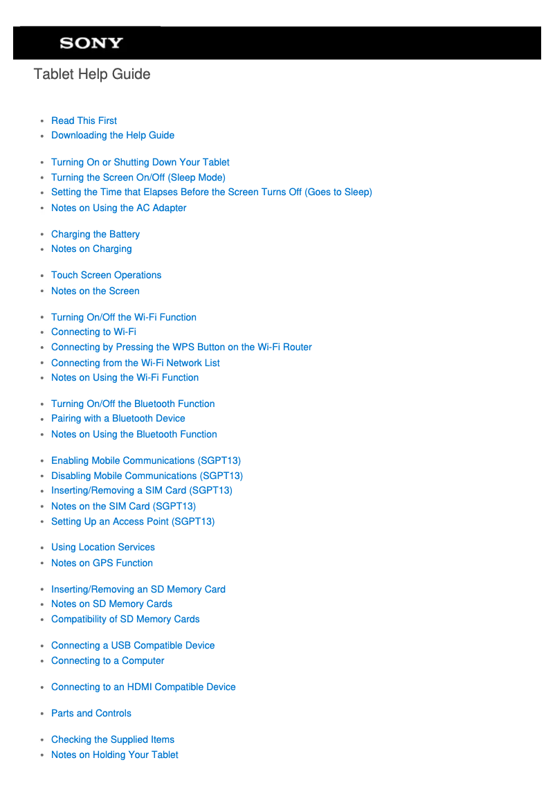 Image de la première page du manuel de l'appareil Xperia Tablet S Wifi