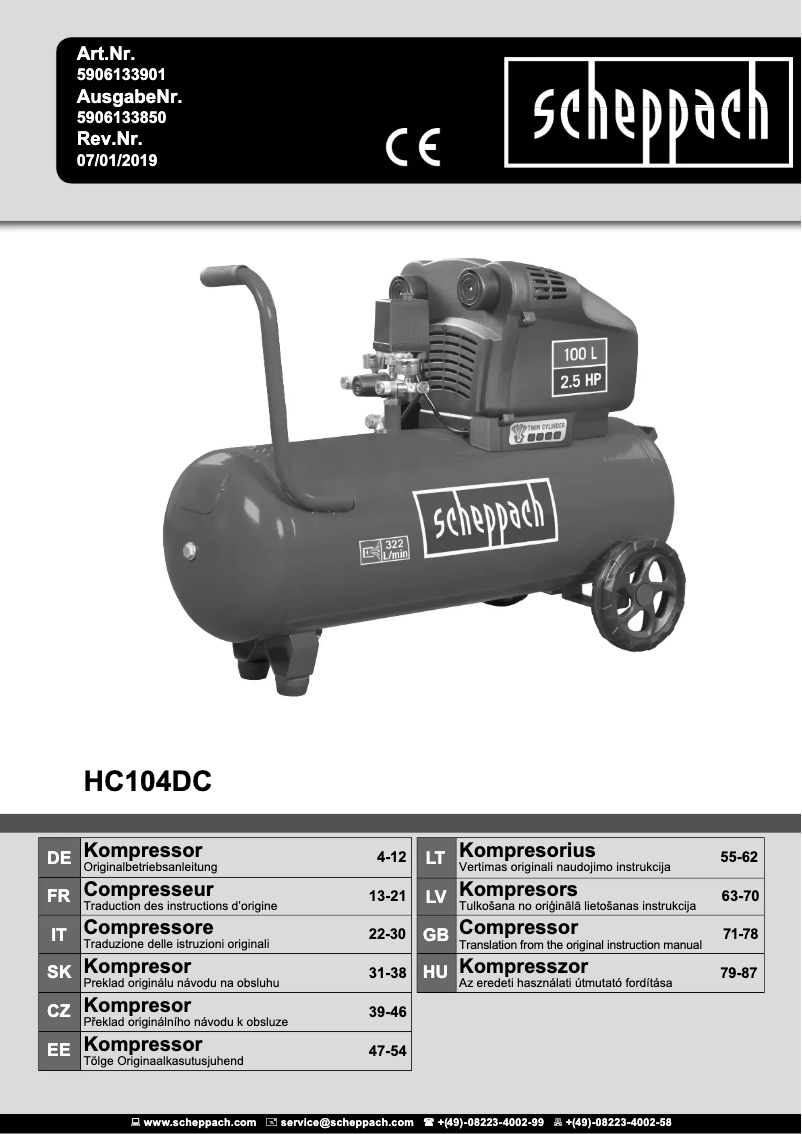 Page n°1 - Manuel utilisateur Scheppach HC104DC