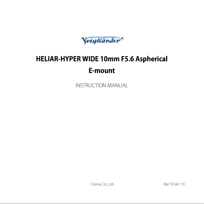 Page 1 de la notice Manuel utilisateur Voigtländer E-Mount 10 mm / F 5.6