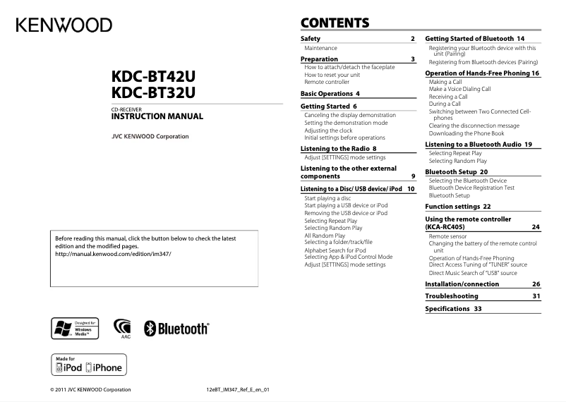 Page n°1 - Manuel utilisateur Kenwood KDC-BT32U